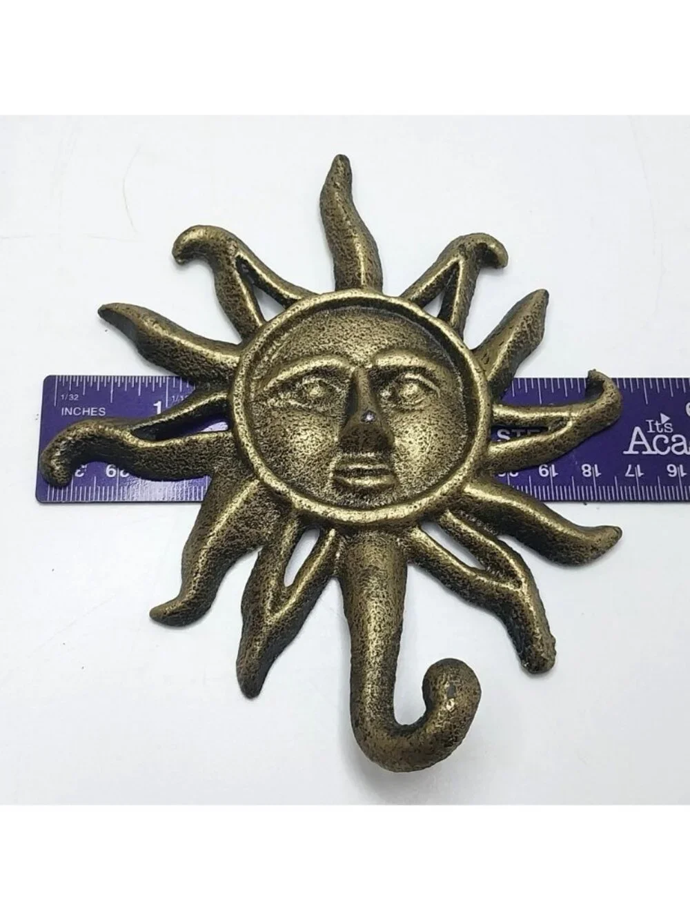 Vintage Cast Iron Celestial Sun Face Wall Hook With Antique Gold Finish